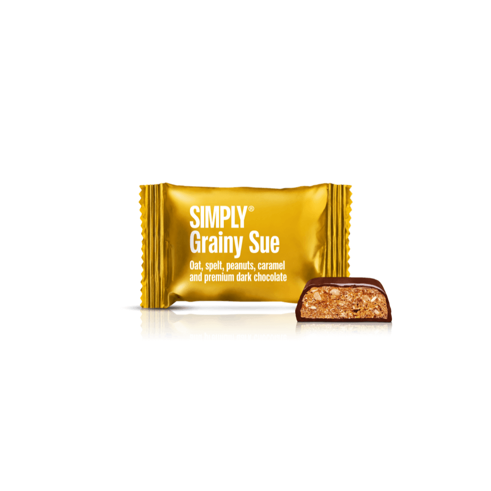 Simply® Grainy Sue - 75 Bites | Oats, spelt, caramel, peanuts and premium dark chocolate