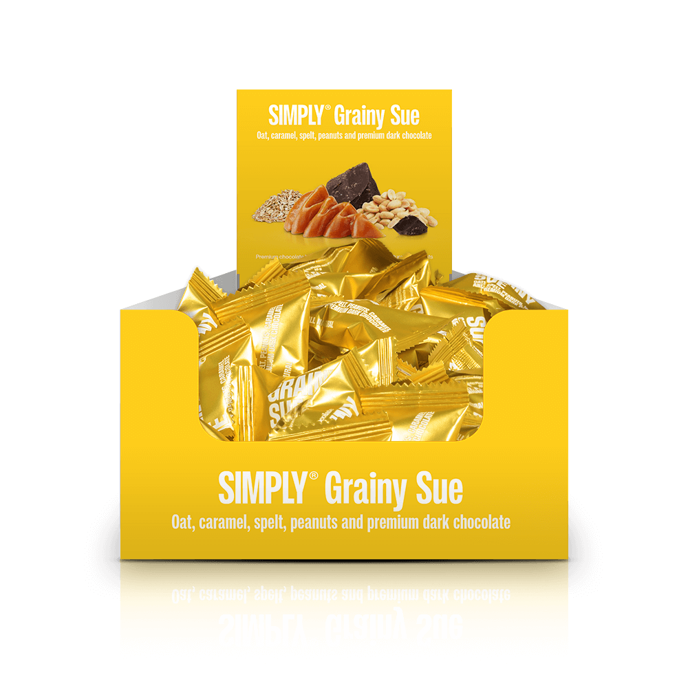 Simply® Grainy Sue - 75 Bites | Havre, spelt, karamel, peanuts og premium mørk chokolade - Box of Bites - Simply®