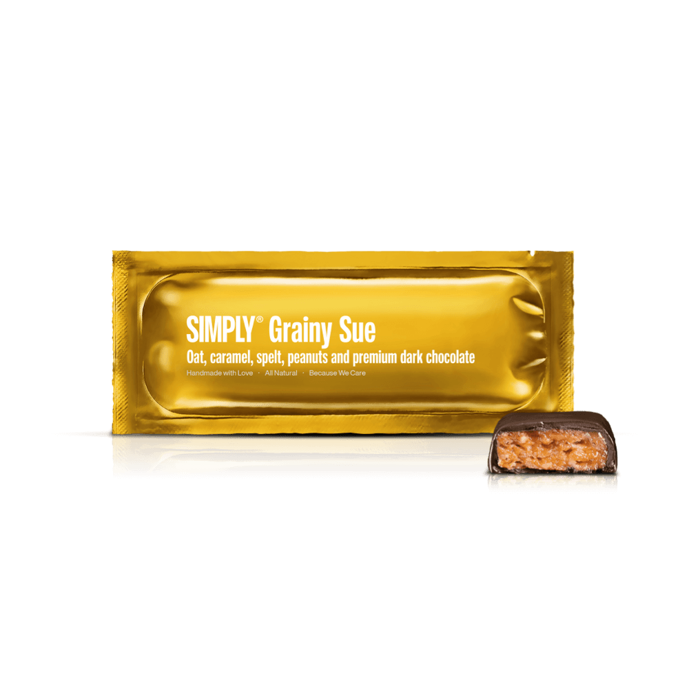 Simply® Grainy Sue | Havre, spelt, peanuts, karamel og premium mørk chokolade - Chocolate Bars - Simply®