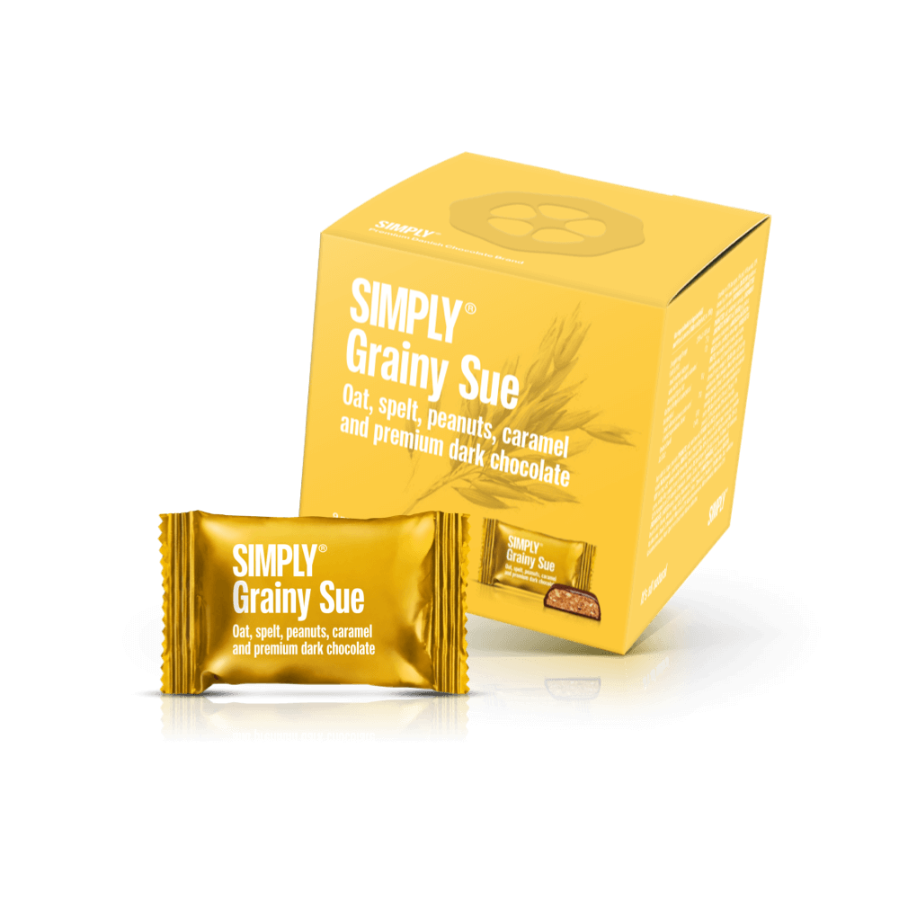 Simply® Grainy Sue - Gaveæske med 9 bites | Havre, spelt, karamel, peanuts og premium mørk chokolade - Single Cubes - Simply®