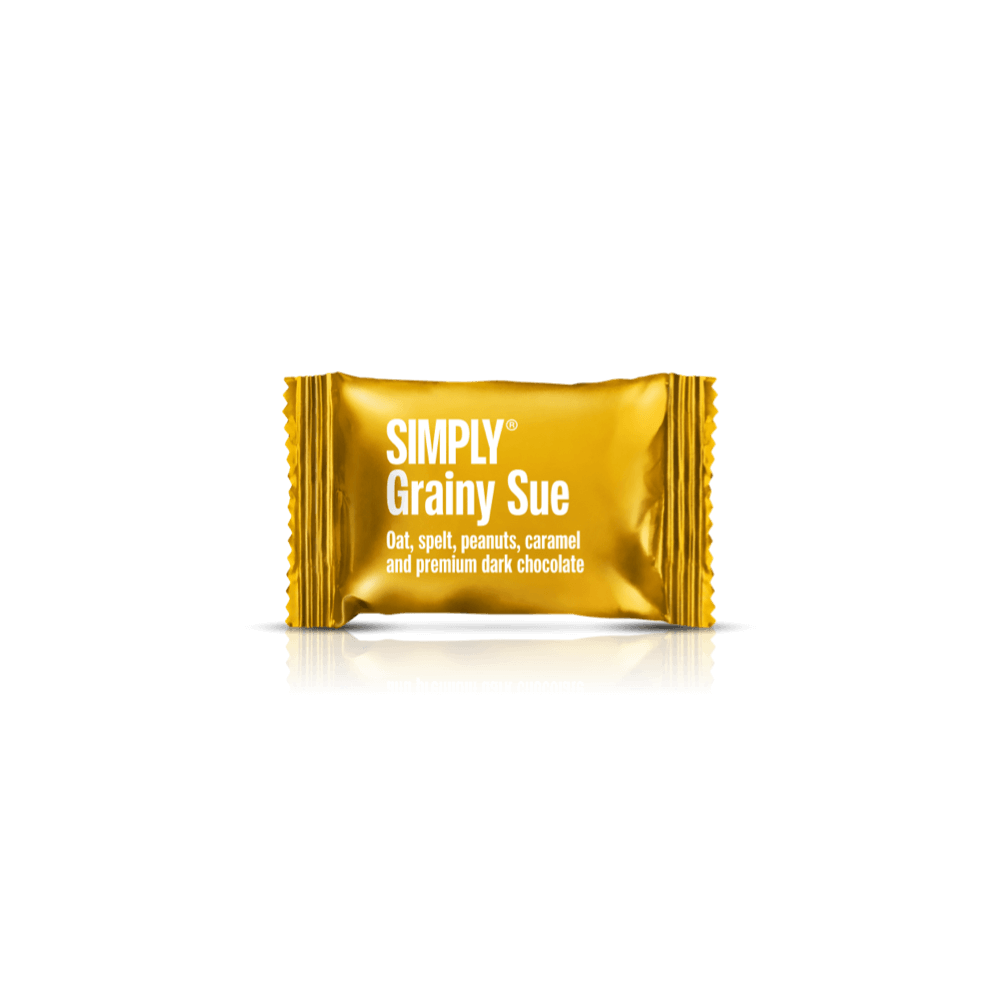 Simply® Grainy Sue - 75 Bites | Havre, spelt, karamel, peanuts og premium mørk chokolade - Box of Bites - Simply®