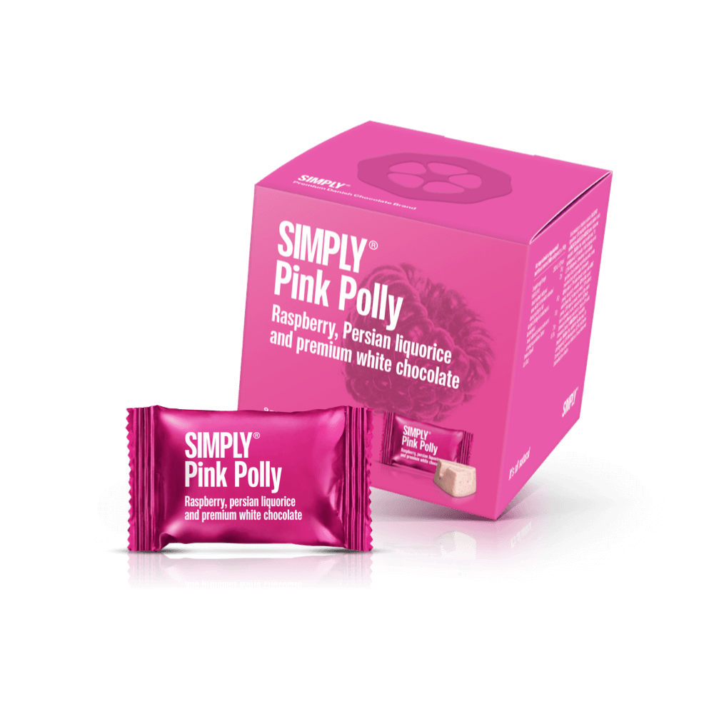 Simply® Pink Polly - Gaveæske med 9 bites | Hindbær, persisk lakrids og premium hvid chokolade - Single Cubes - Simply®
